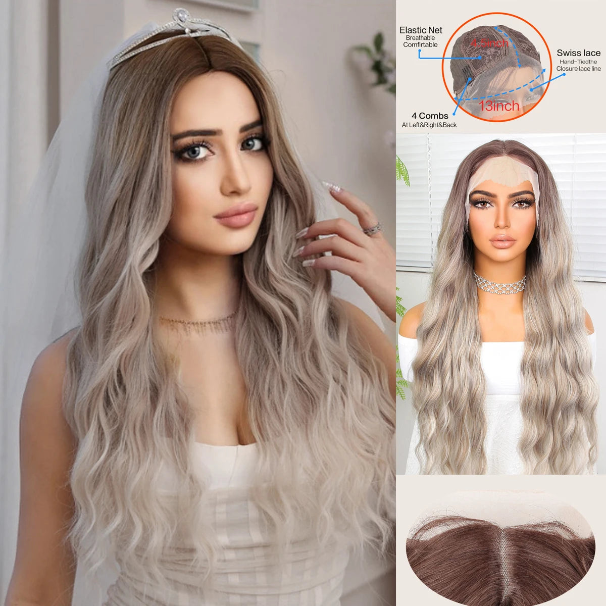 "Ombre 28'' Wavy Grey Lace Front Wig - Synthetic, Heat-Resistant"