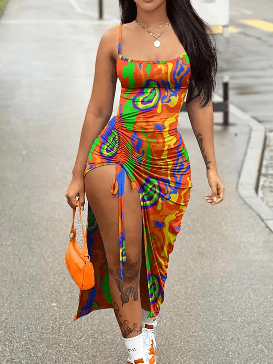 LW Sexy Slim Multicolor Drawstring Thigh Split Cami Bodycon Dress
