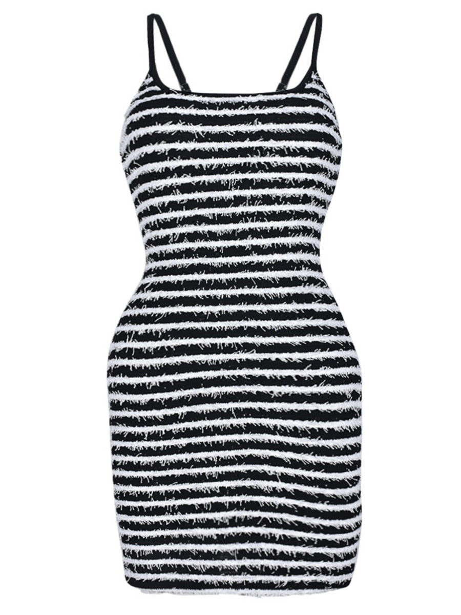 LW Striped Tassel Design Bodycon Dress Black and White