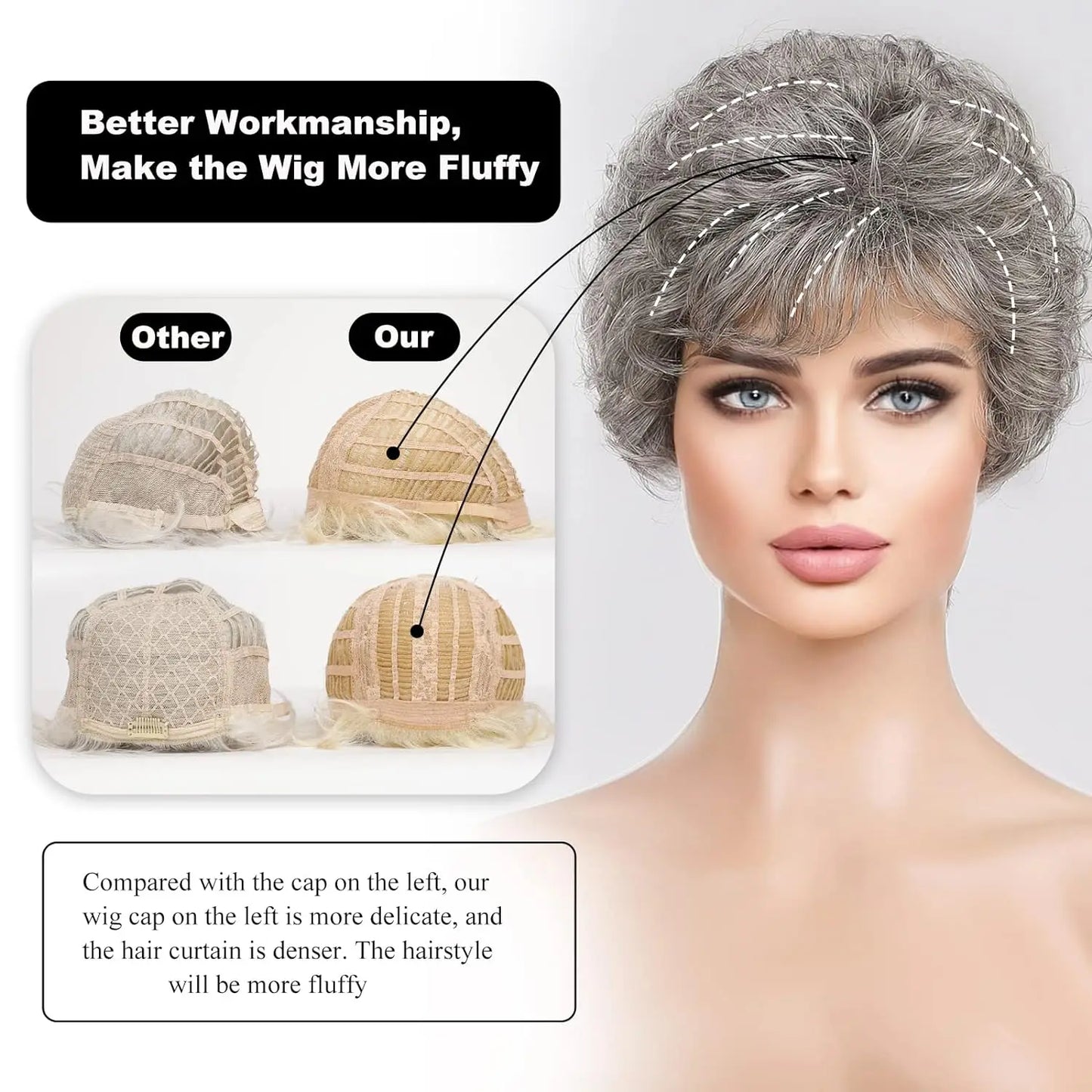 "Gray Wavy Curly Pixie Cut Wig with Bangs for Women"