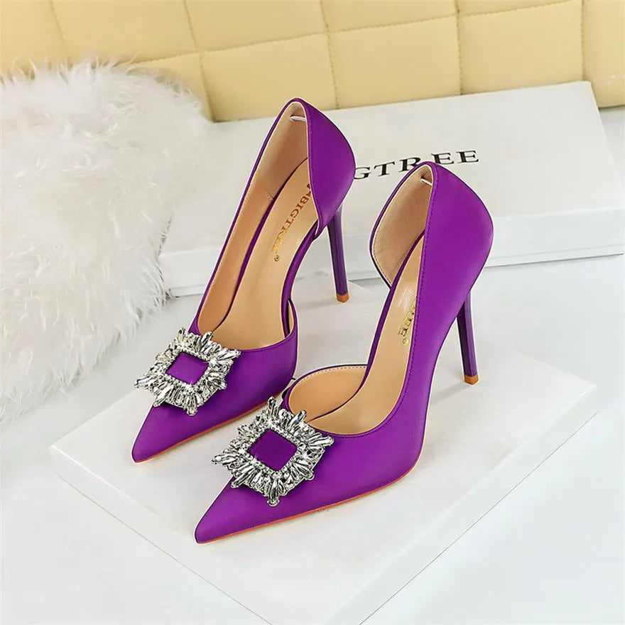 BIGTREE Blue Black Fashion Crystal Square Buckle Women Pumps