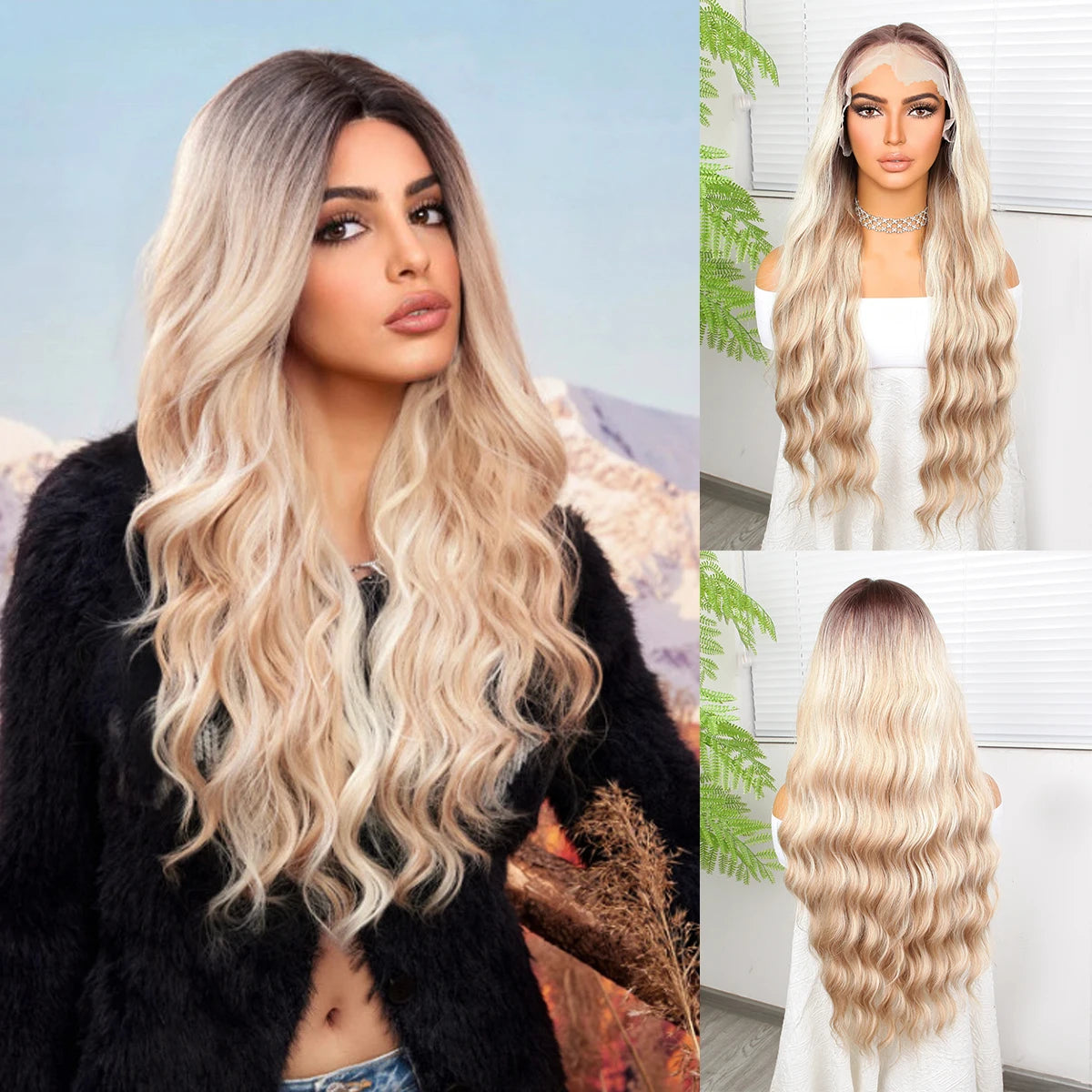 "Ombre 28'' Wavy Grey Lace Front Wig - Synthetic, Heat-Resistant"