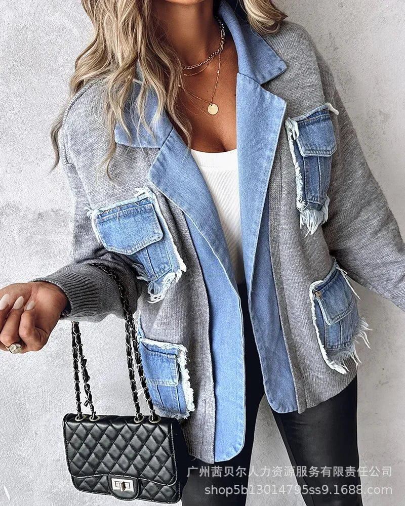 Women's Raw Hem Patchwork Cardigan Denim Jacket – Autumn/Winter