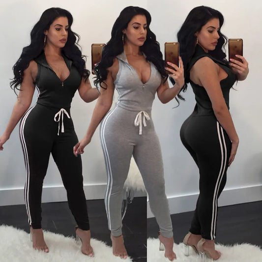 Women Deep V-neck Skinny Casual Striped Jumpsuits