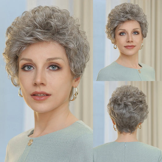 Grey Short Curly Bob Wig with Bangs- Fluffy Synthetic Hair for Women"