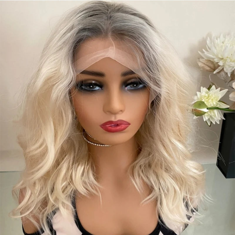 "Platinum Blonde Lace Front Wig w/ Grey Roots, 16” Wavy"