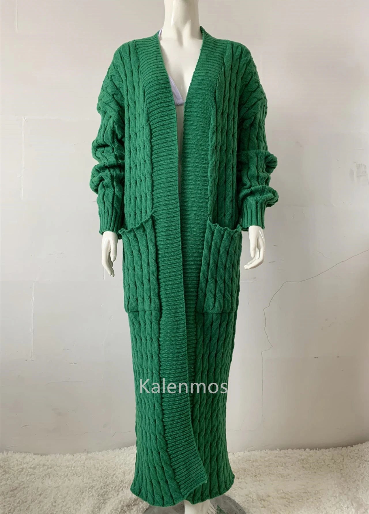 Women's Long Knit Cardigan - Green Crochet Sweater