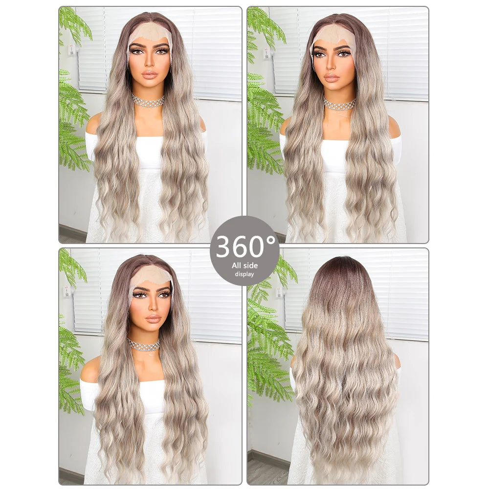 "Ombre 28'' Wavy Grey Lace Front Wig - Synthetic, Heat-Resistant"