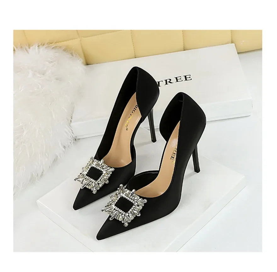 BIGTREE Blue Black Fashion Crystal Square Buckle Women Pumps