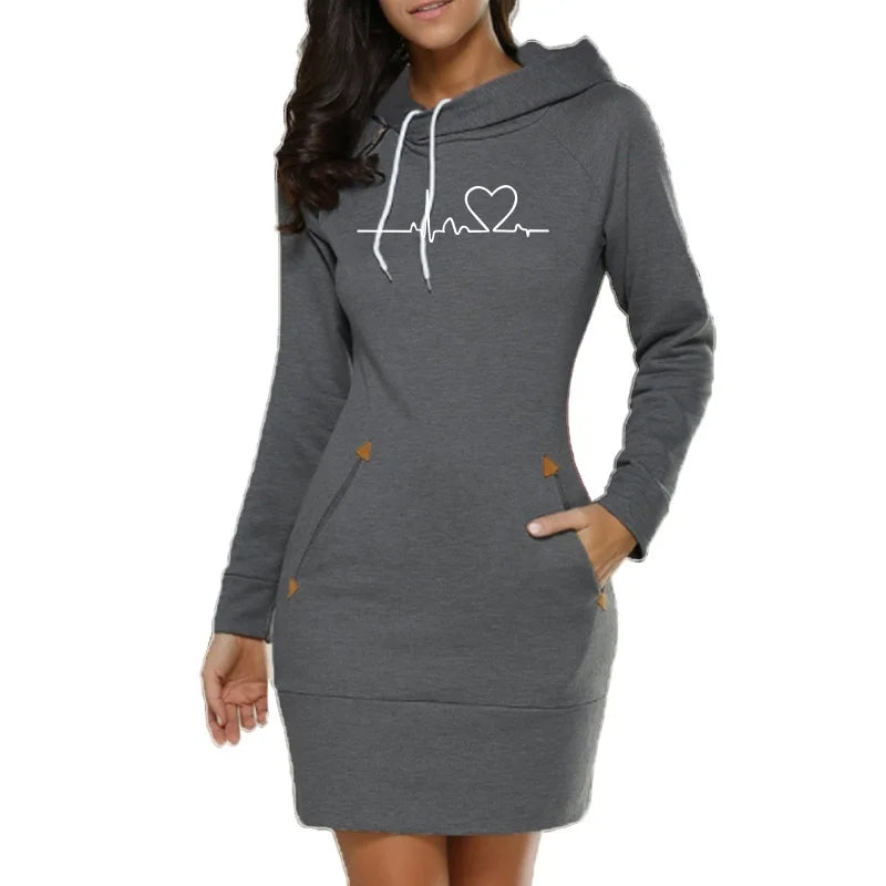 Women's ECG Printed Hoodie Dress - Long Sleeve, Slim Fit, Cotton, S-3XL