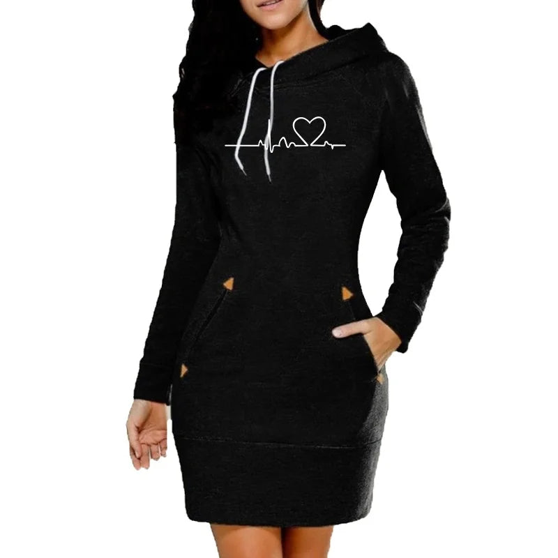 Women's ECG Printed Hoodie Dress - Long Sleeve, Slim Fit, Cotton, S-3XL