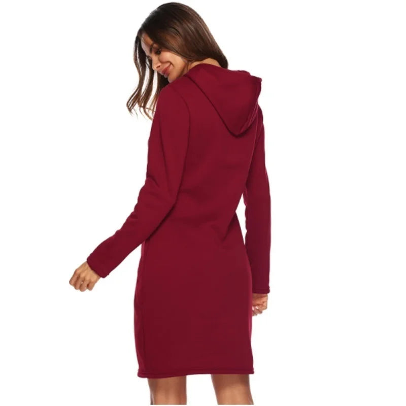 Newest Women's Solid Color Hooded Long Sleeve Dress - S-3XL