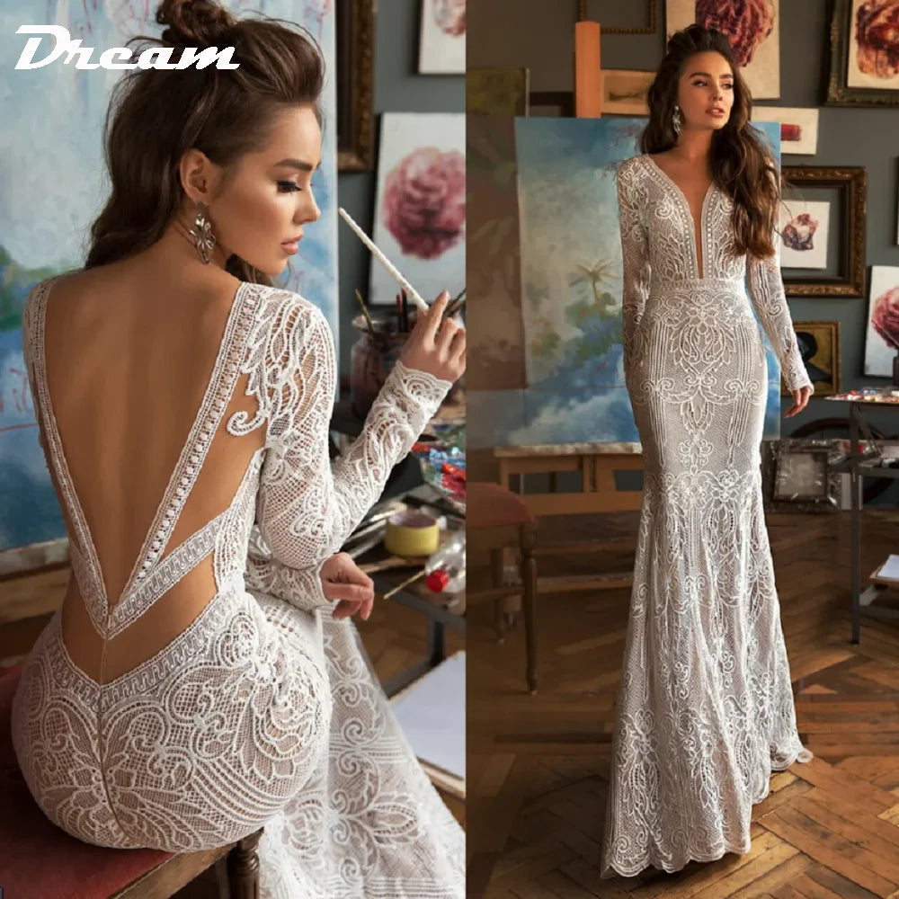 DREAM Customized Deep V Neck Lace Backless Mermaid Wedding Dress