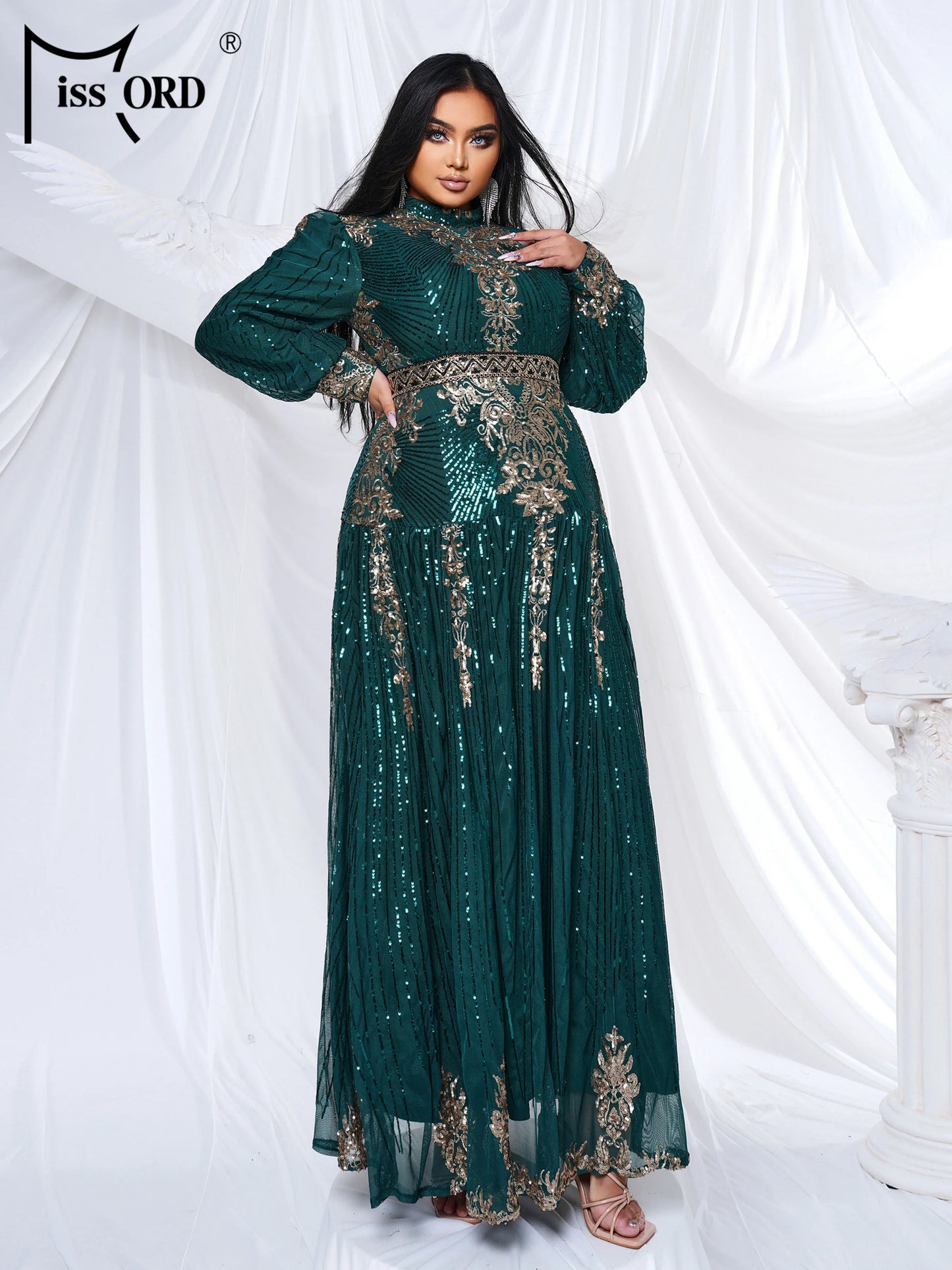 Plus-Size Green Formal Dresses with Geometric Sequin and High Neck Design