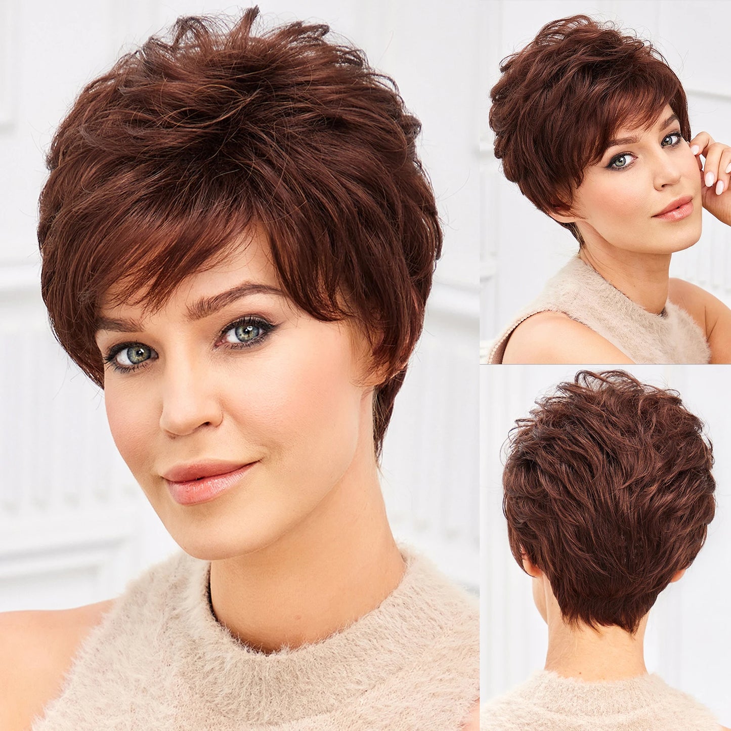 "Gray Wavy Curly Pixie Cut Wig with Bangs for Women"