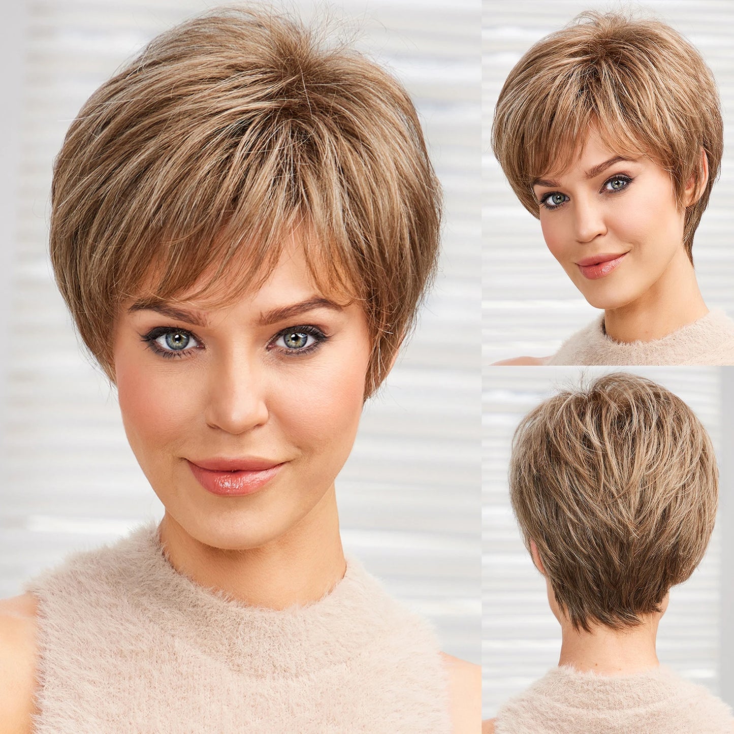 "Gray Wavy Curly Pixie Cut Wig with Bangs for Women"