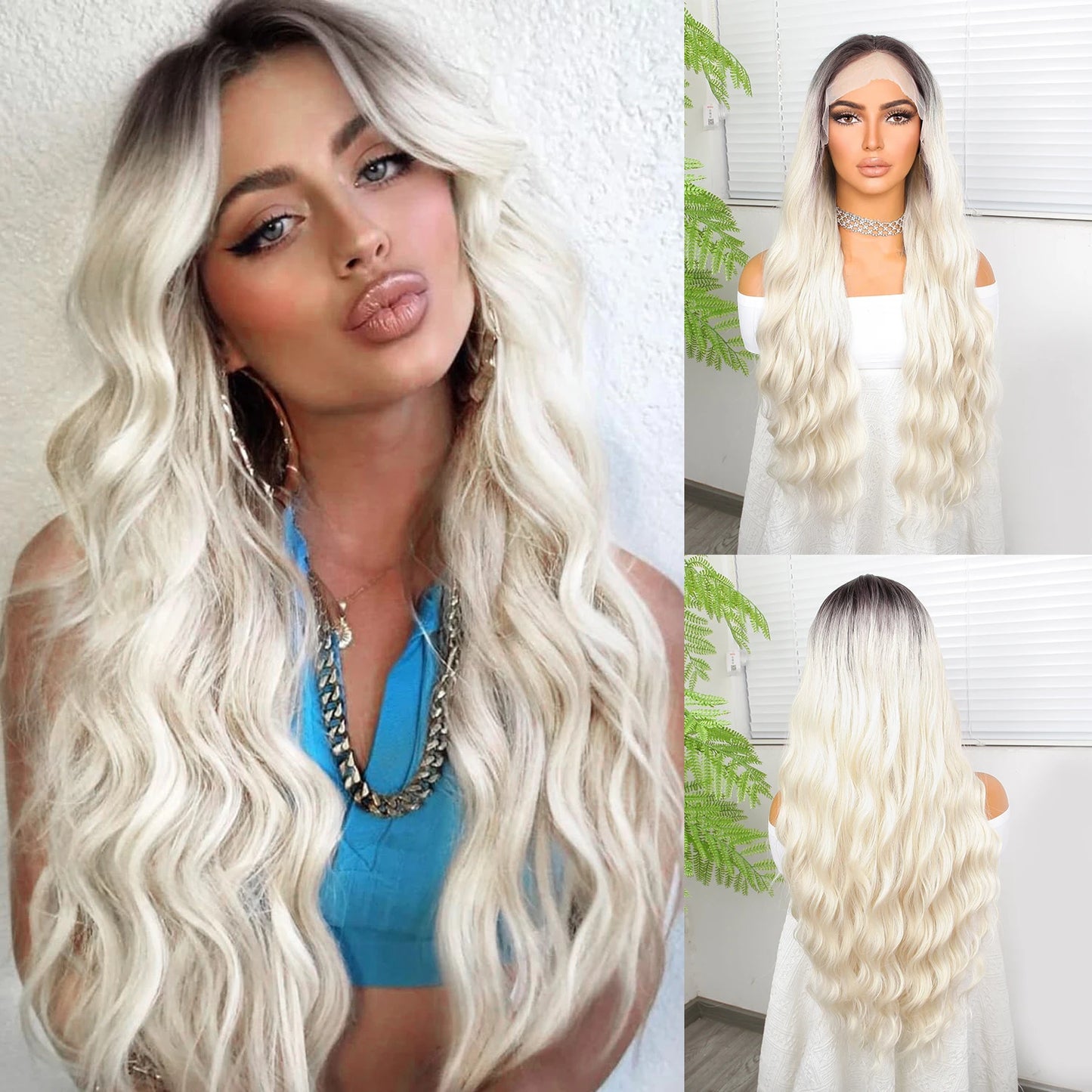 "Ombre 28'' Wavy Grey Lace Front Wig - Synthetic, Heat-Resistant"