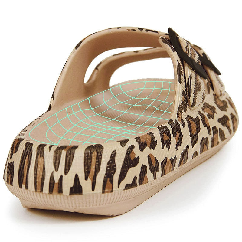 Leopard Soft Sole Pillow Slippers for Women Double Buckle Thick Platform Cloud Slides