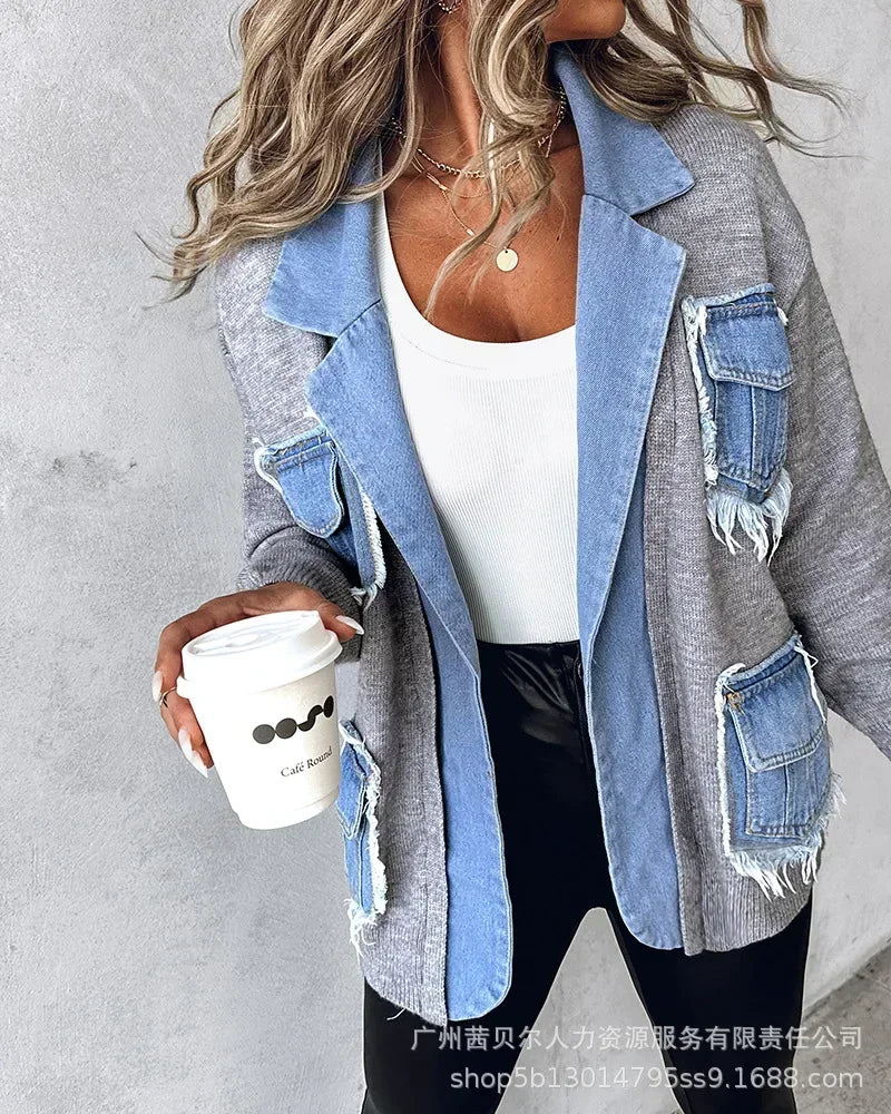 Women's Raw Hem Patchwork Cardigan Denim Jacket – Autumn/Winter