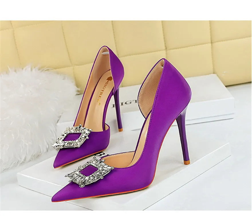 BIGTREE Blue Black Fashion Crystal Square Buckle Women Pumps