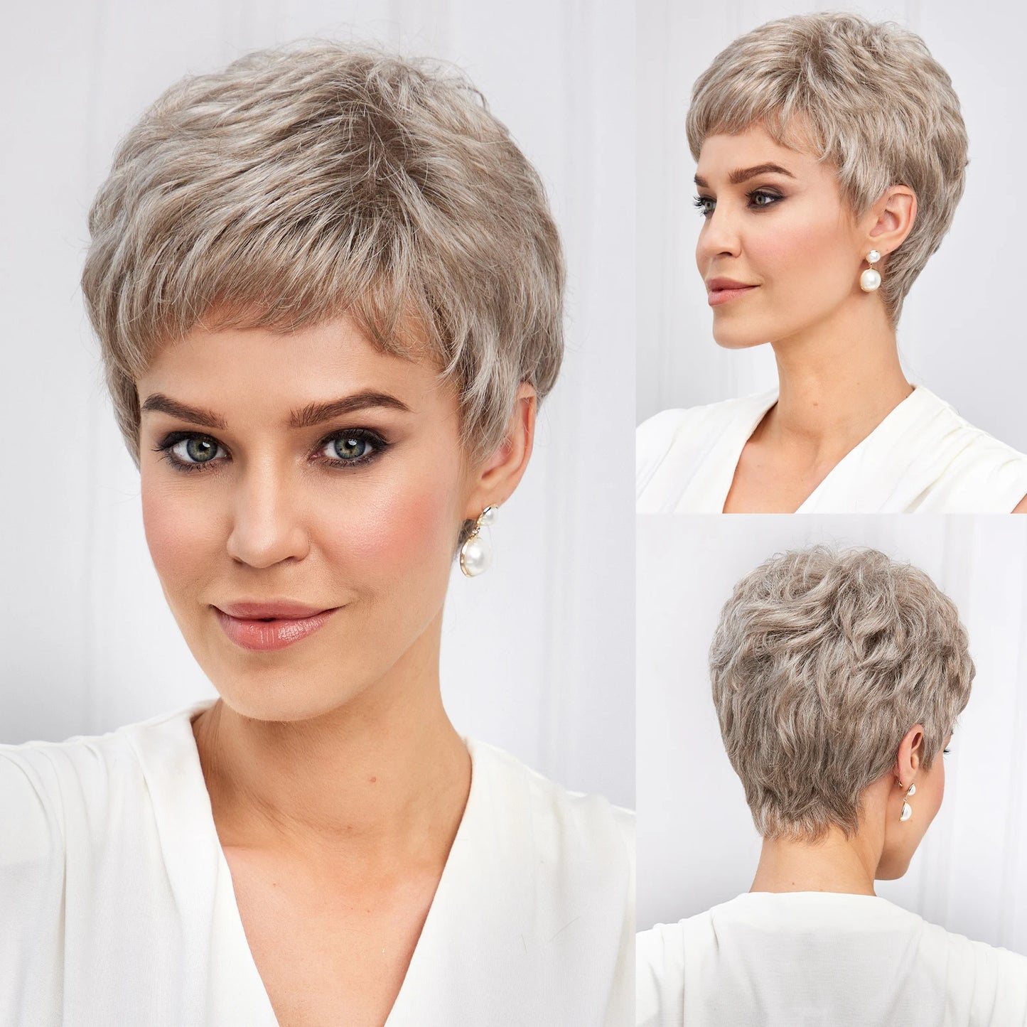 "Gray Wavy Curly Pixie Cut Wig with Bangs for Women"