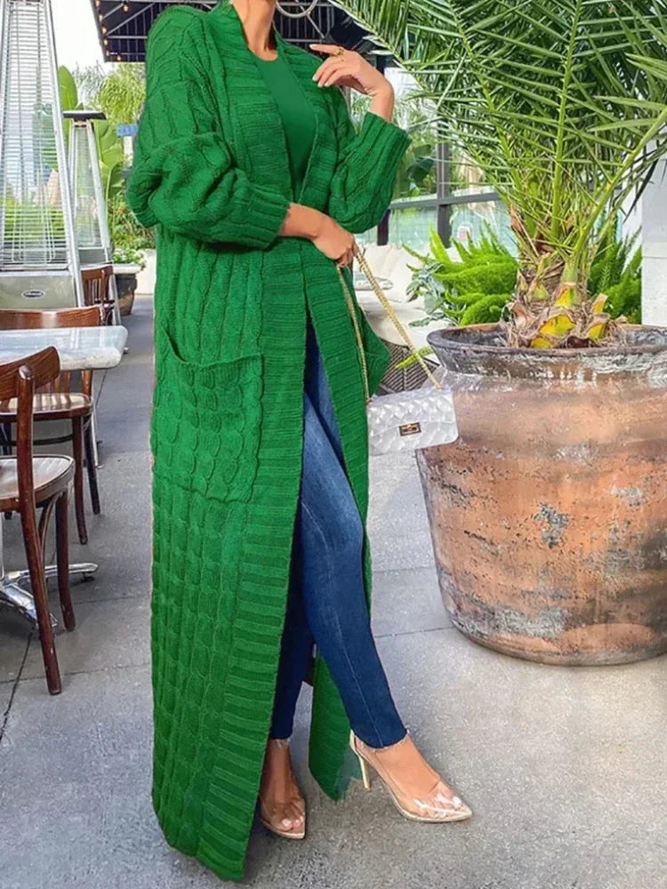 Women's Long Knit Cardigan - Green Crochet Sweater