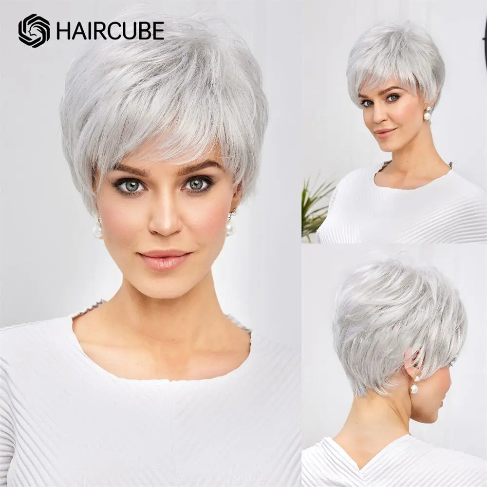 Grey Short Curly Bob Wig with Bangs- Fluffy Synthetic Hair for Women"