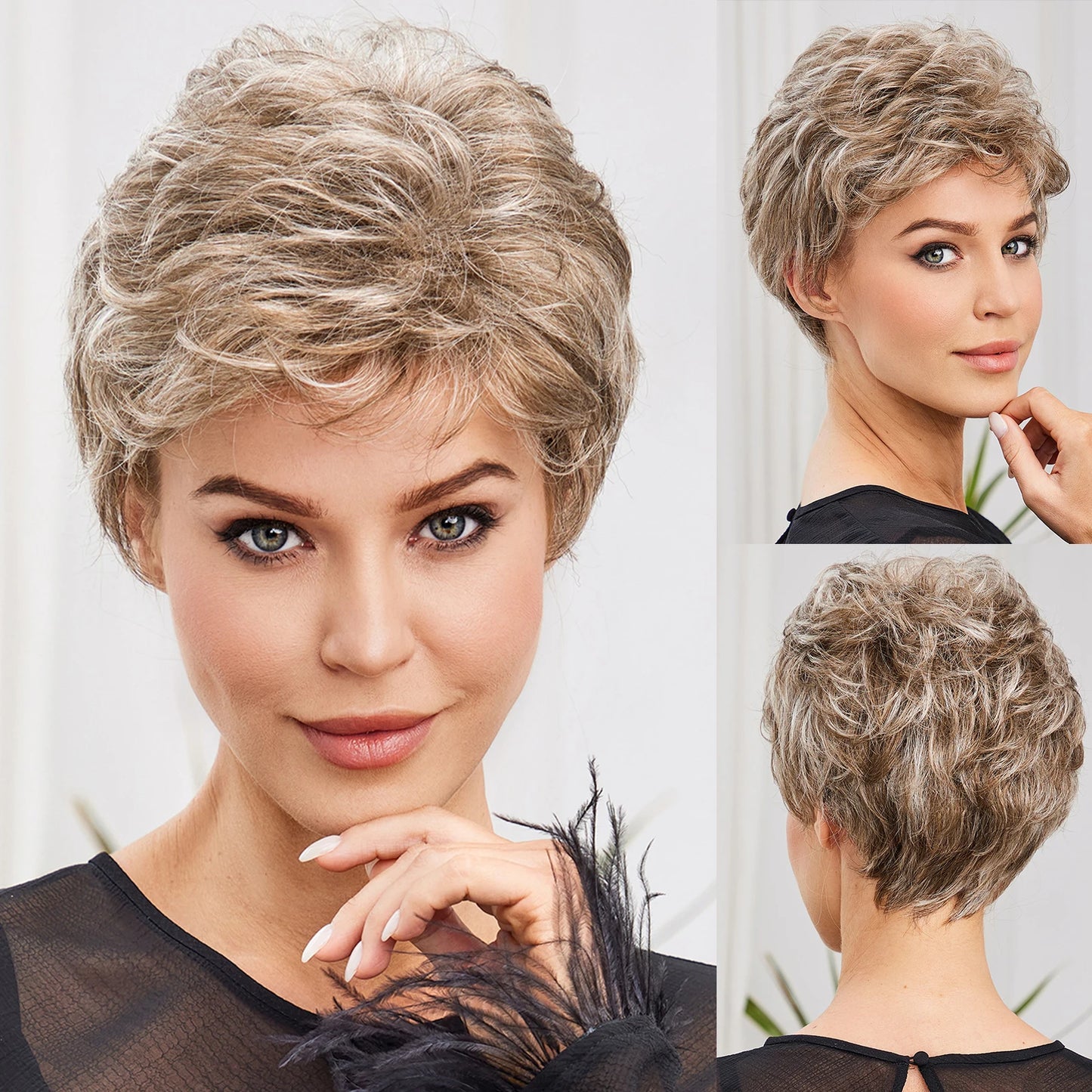 "Gray Wavy Curly Pixie Cut Wig with Bangs for Women"