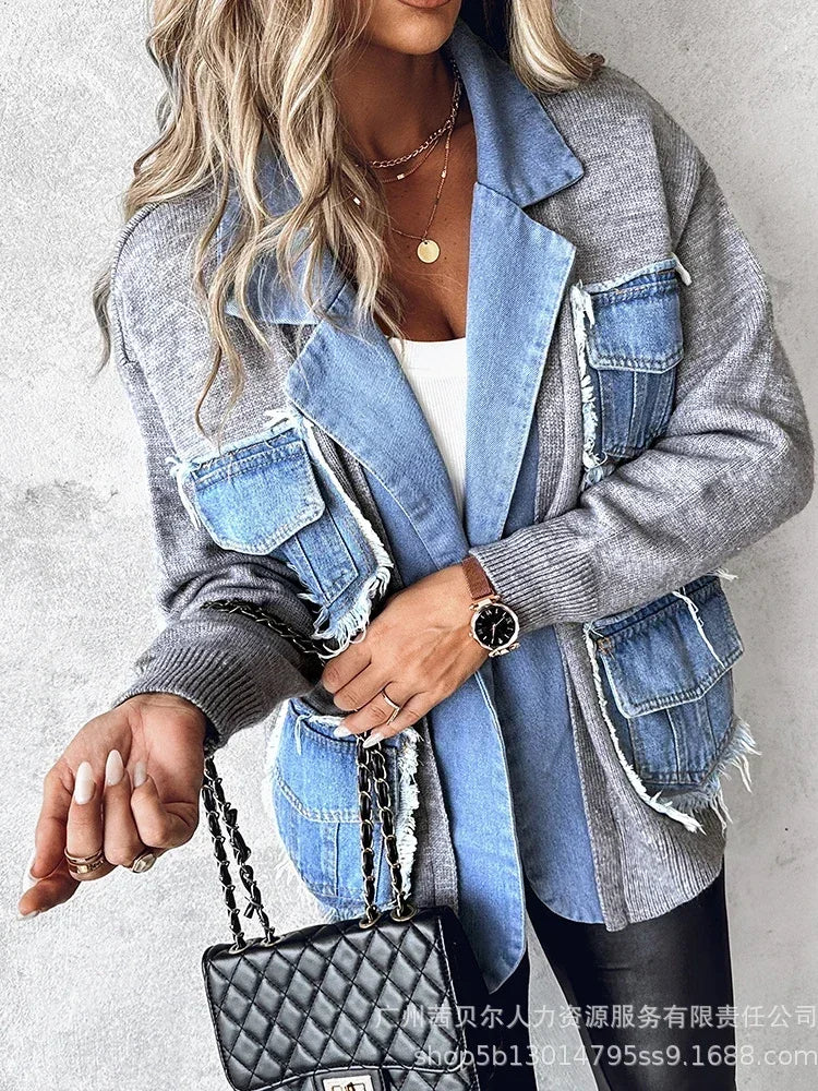 Women's Raw Hem Patchwork Cardigan Denim Jacket – Autumn/Winter