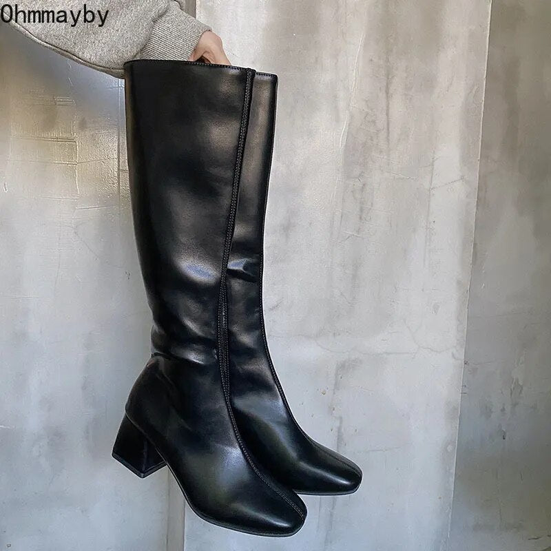 Women Warm Long Boots Thick Heel PU Leather Soft Zipper