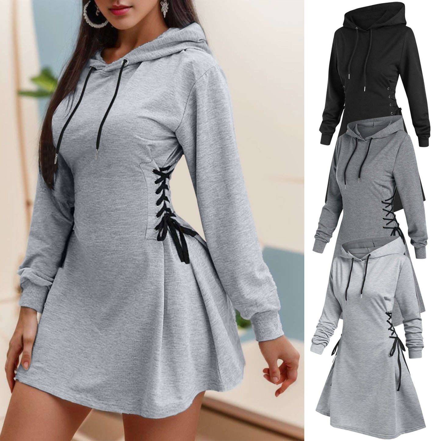 Women's Slim Fit V-Necktie-Waist Hoodie Dress – Long Sleeve,