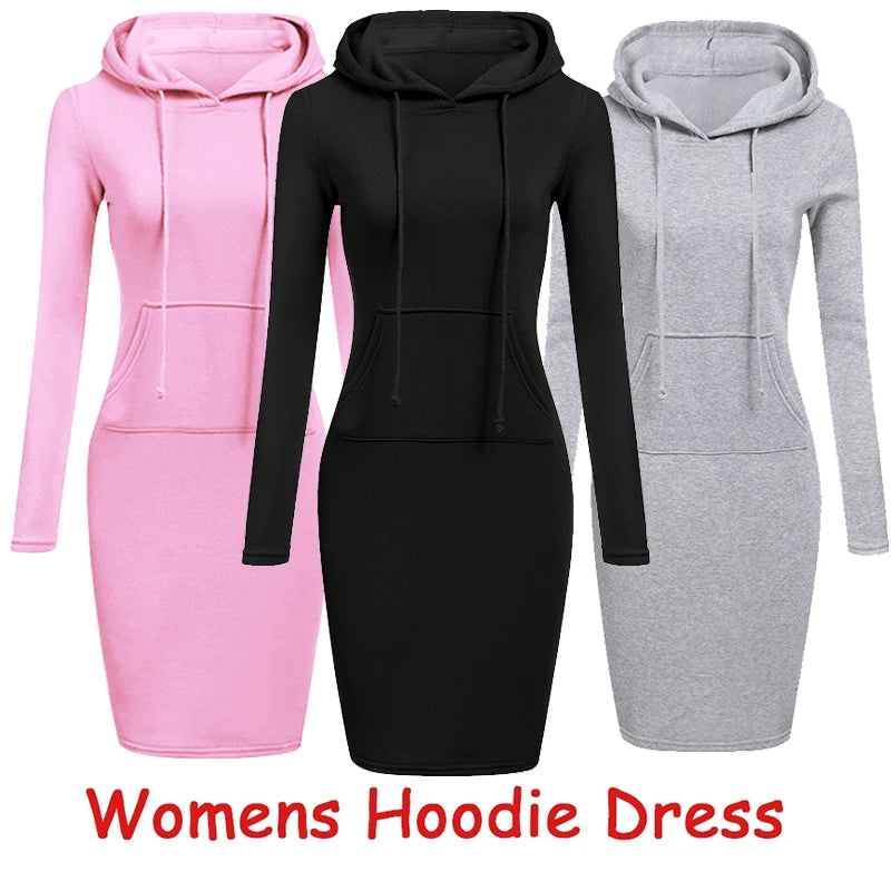 Newest Women's Solid Color Hooded Long Sleeve Dress - S-3XL