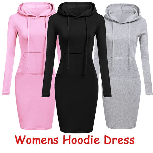 Newest Women's Solid Color Hooded Long Sleeve Dress - S-3XL