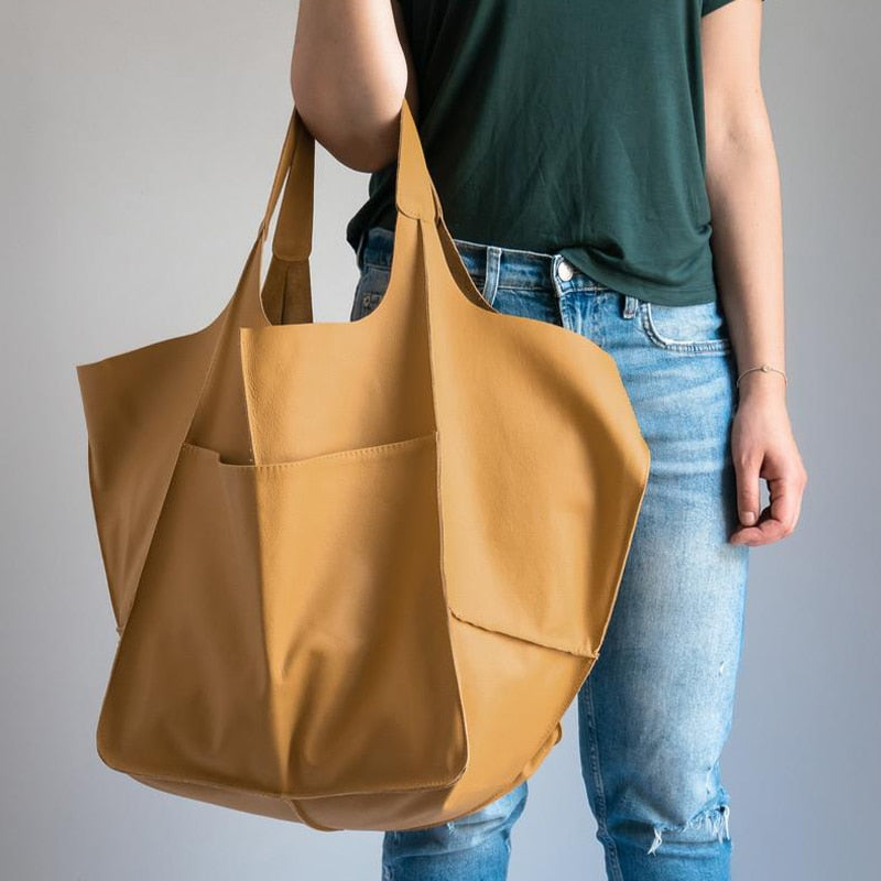 Rretro Handmade Big Beach Tote Bag High Capacity Zipper Shoulder Solid Color Multifunction Handbags For Ladies