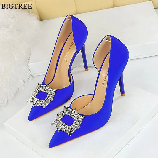 BIGTREE Blue Black Fashion Crystal Square Buckle Women Pumps