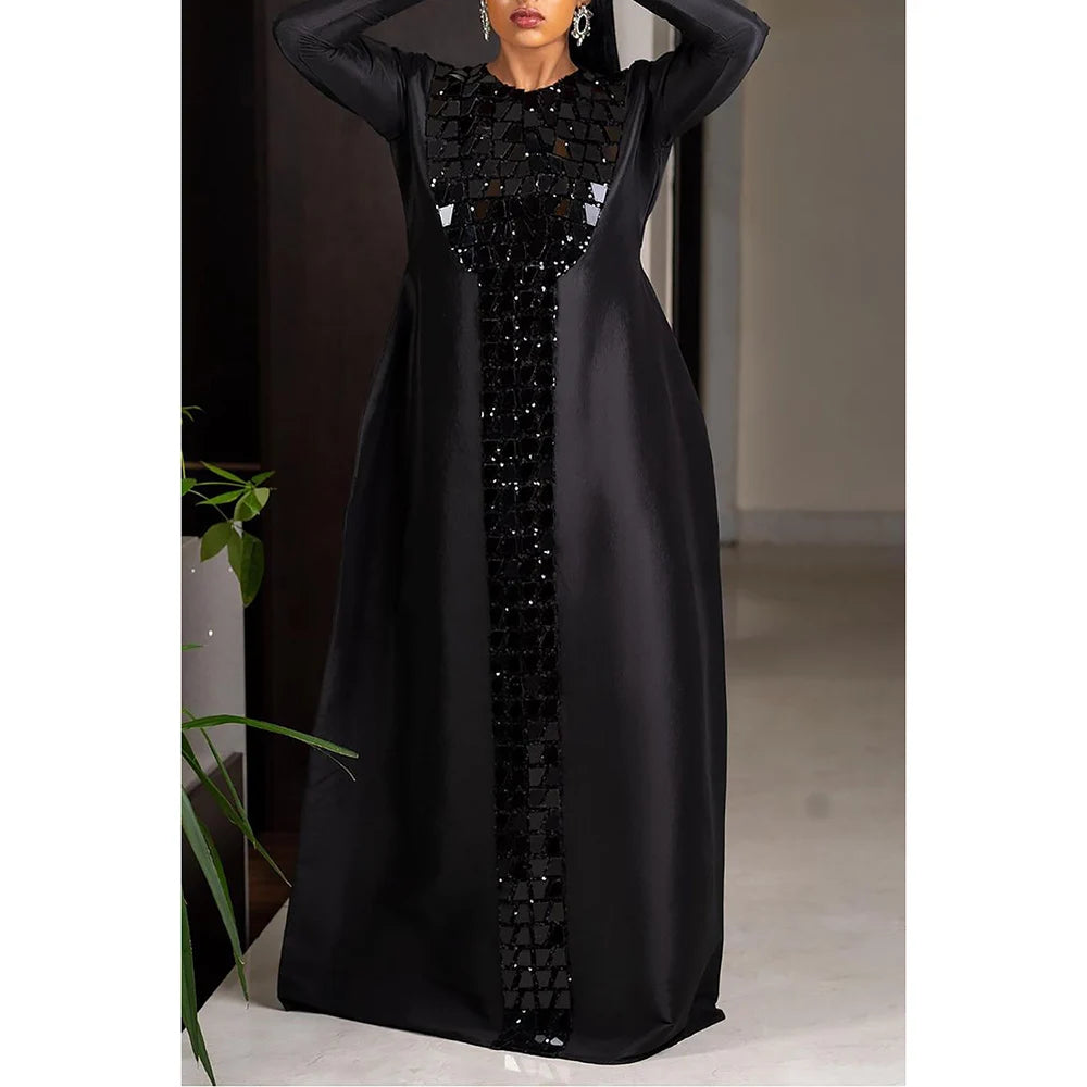 Plus Size Fashion Women's Black Satin Sequin Dress