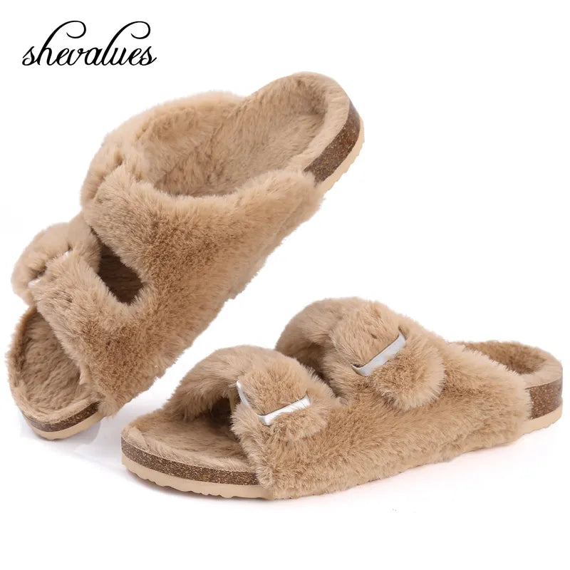 Shevalues Cork Footbed Plush Slippers