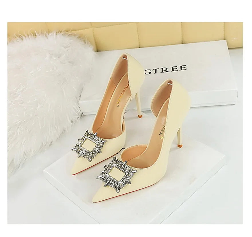 BIGTREE Blue Black Fashion Crystal Square Buckle Women Pumps