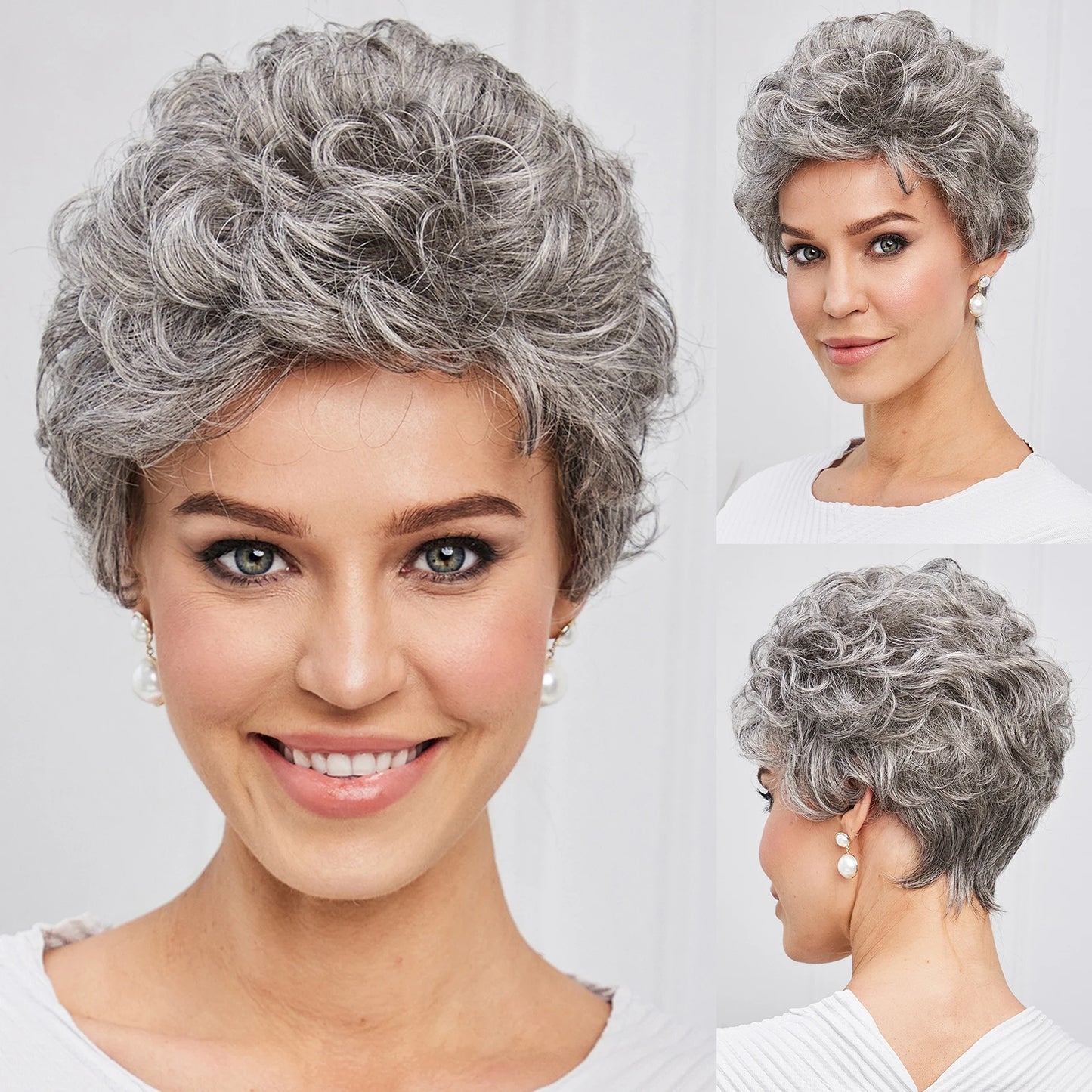 "Gray Wavy Curly Pixie Cut Wig with Bangs for Women"