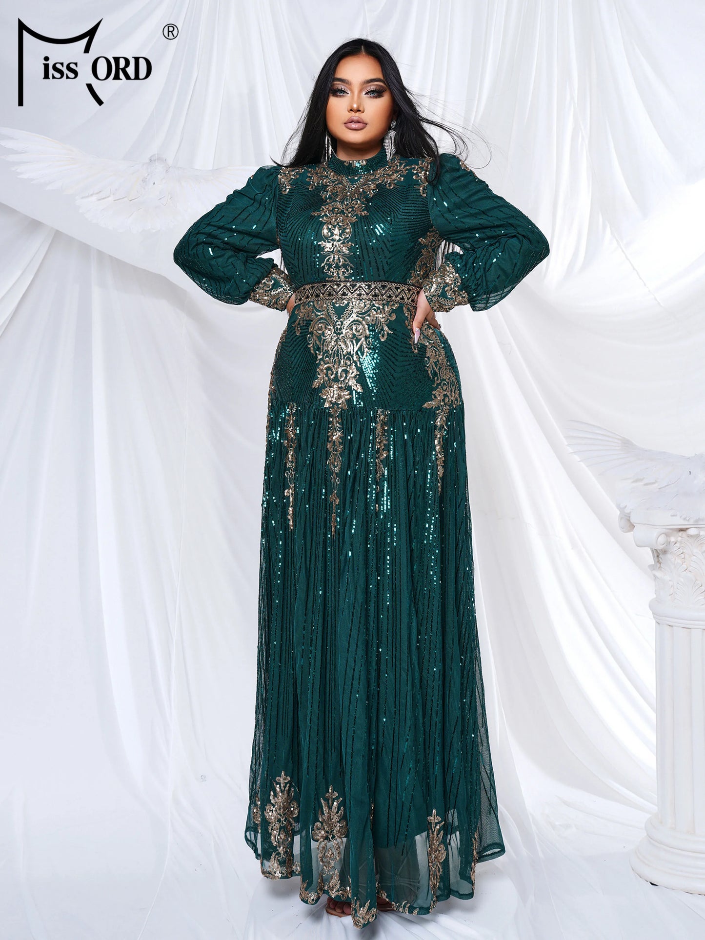 Plus-Size Green Formal Dresses with Geometric Sequin and High Neck Design