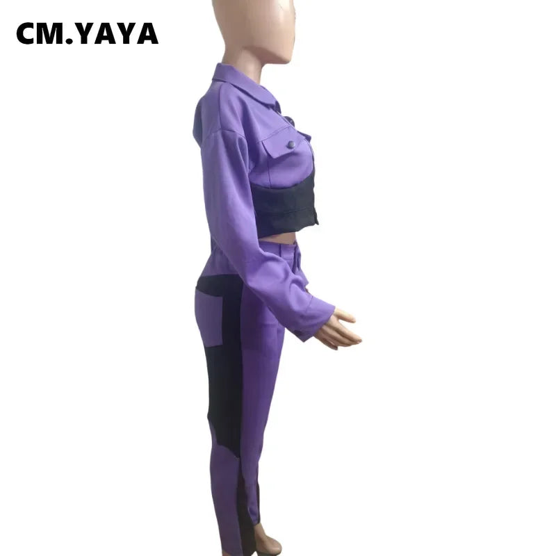 CM.YAYA Women's Patchwork Button Jacket & Pants Suit