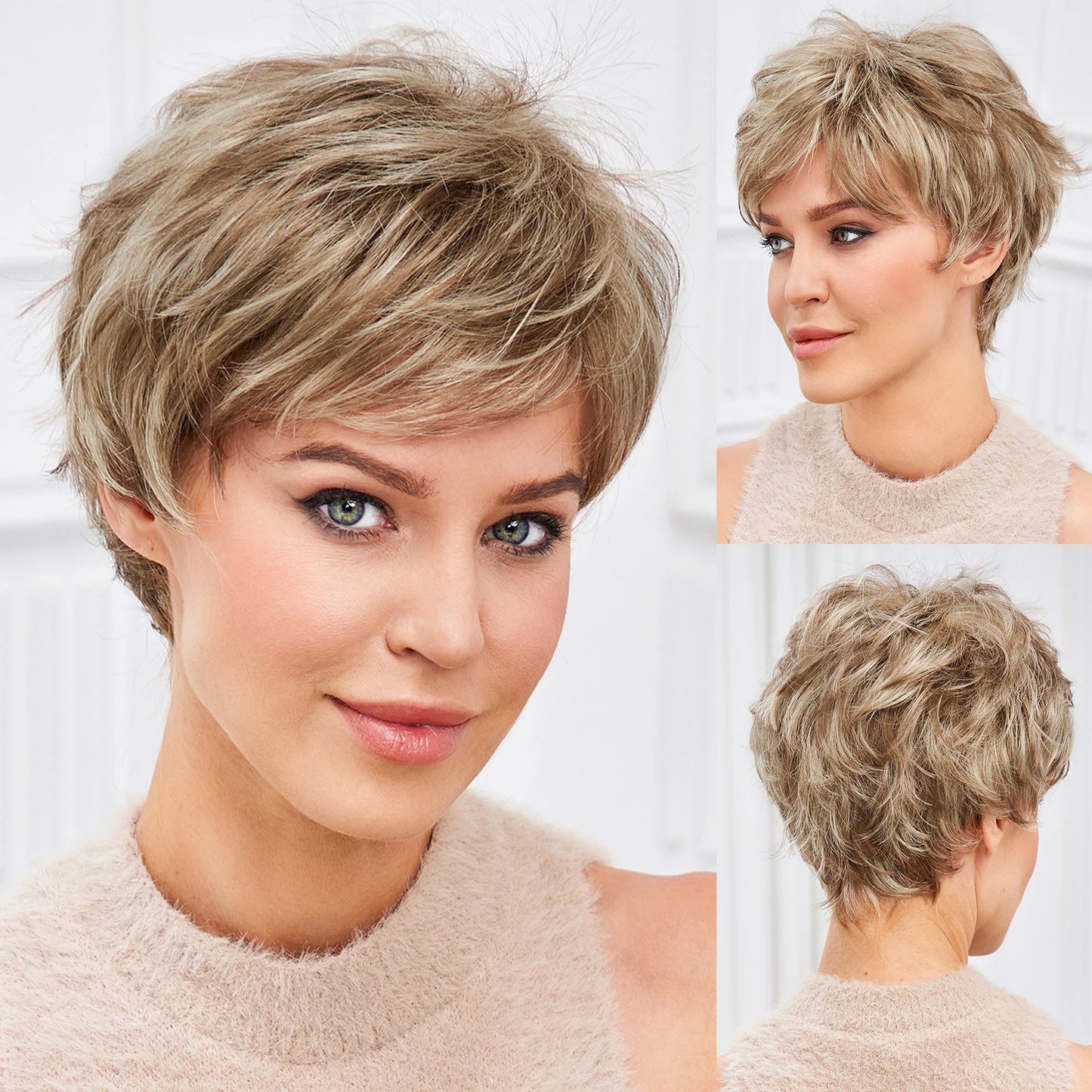 "Gray Wavy Curly Pixie Cut Wig with Bangs for Women"