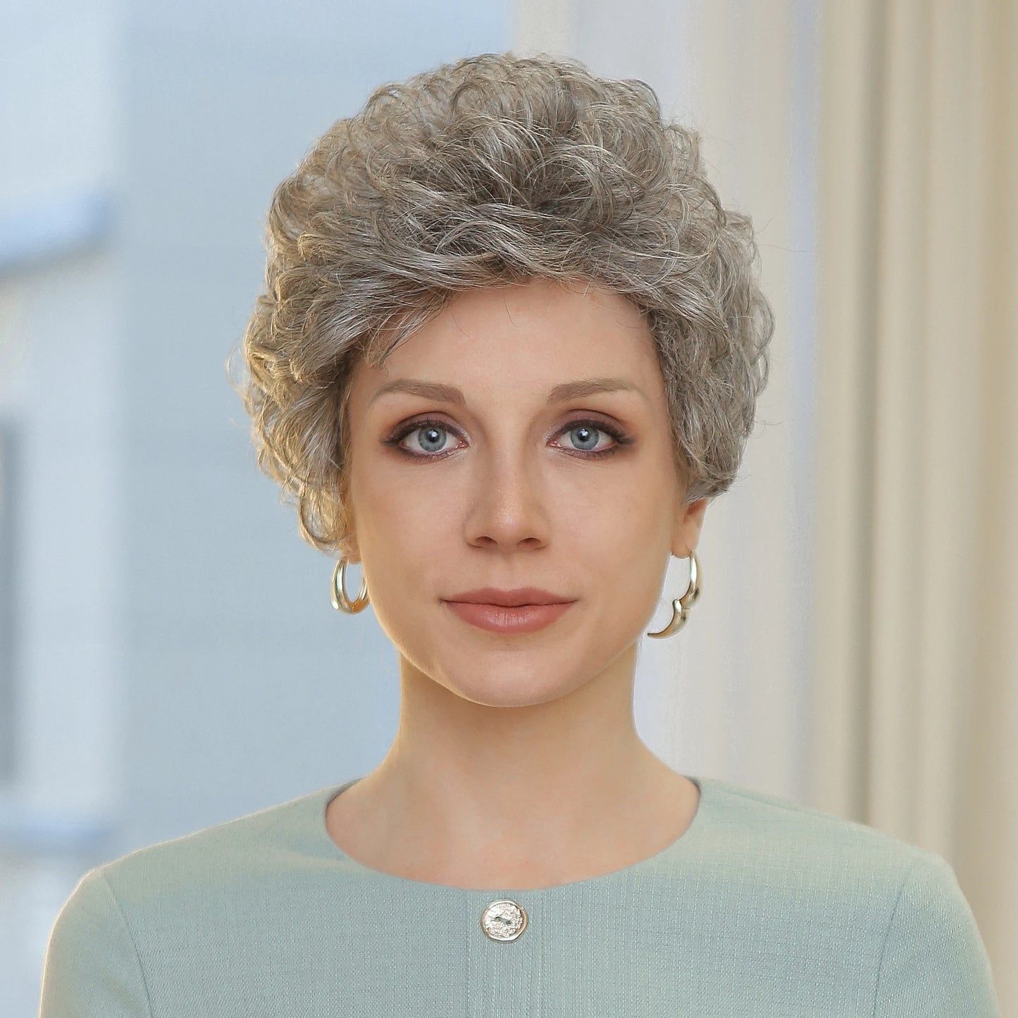 Grey Short Curly Bob Wig with Bangs- Fluffy Synthetic Hair for Women"