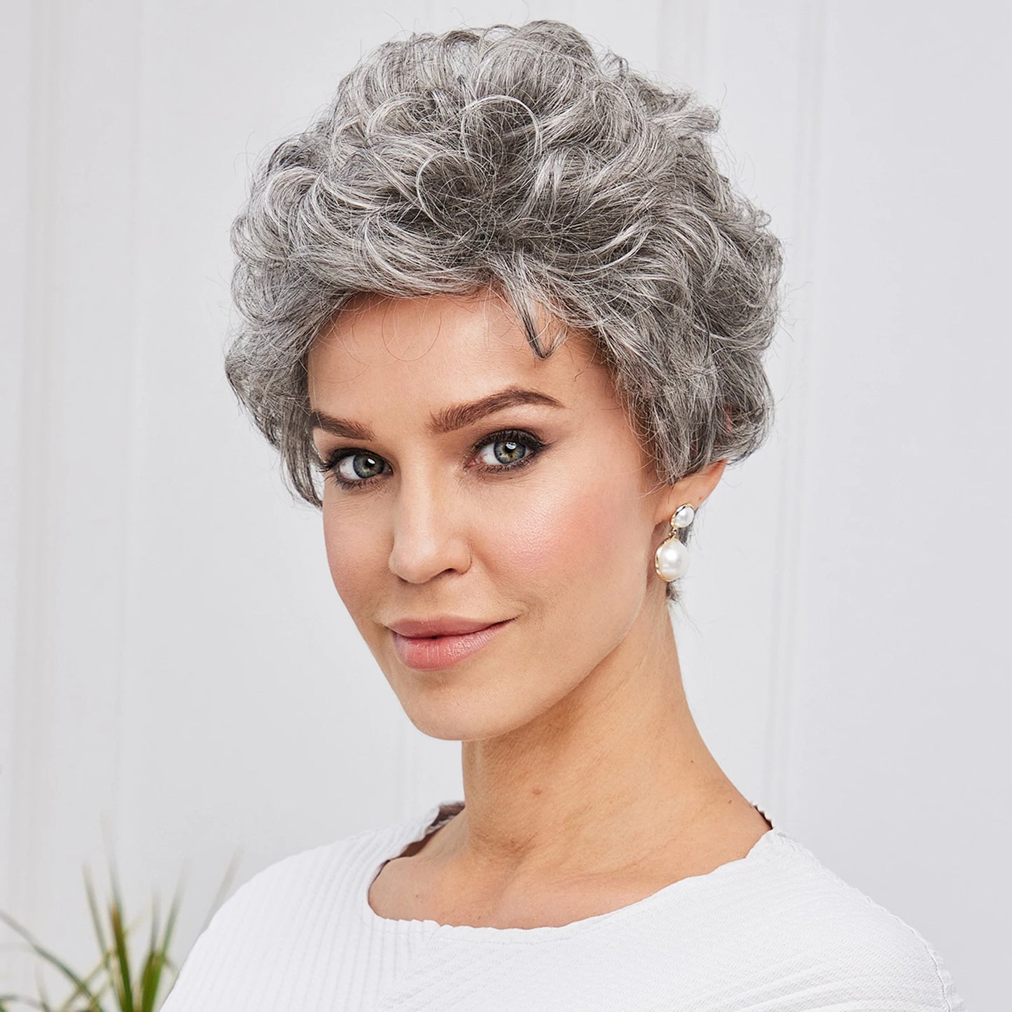 "Gray Wavy Curly Pixie Cut Wig with Bangs for Women"