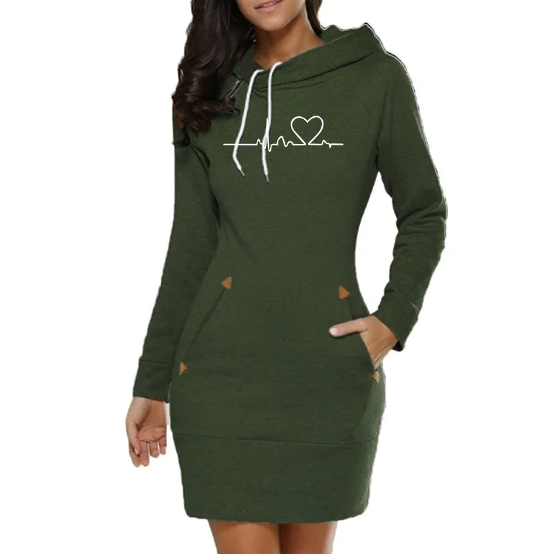 Women's ECG Printed Hoodie Dress - Long Sleeve, Slim Fit, Cotton, S-3XL