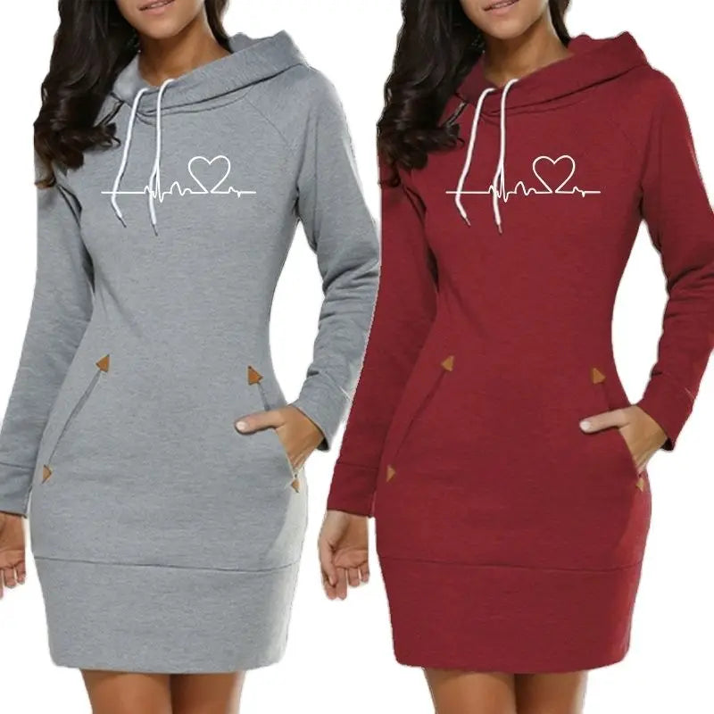 Women's ECG Printed Hoodie Dress - Long Sleeve, Slim Fit, Cotton, S-3XL