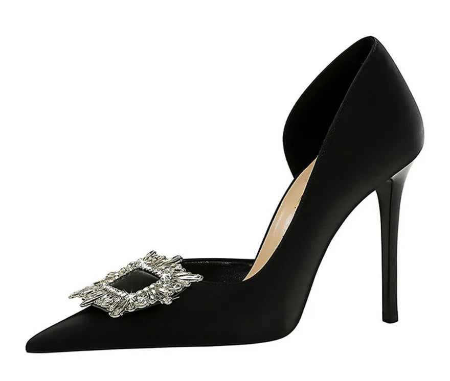 BIGTREE Blue Black Fashion Crystal Square Buckle Women Pumps