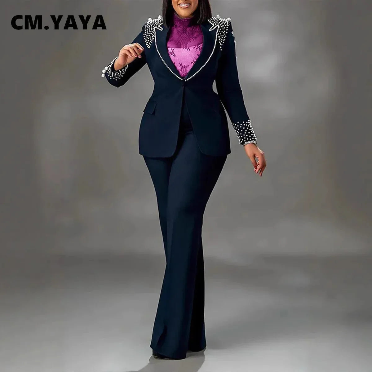 CM.YAYA Fashion Pearl Splicing Women's Set Long Sleeve Blazer