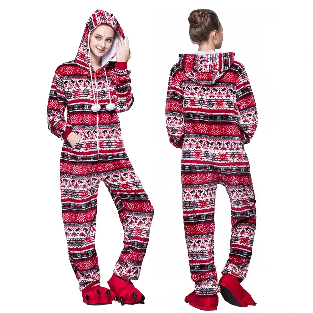 Adult One-piece Pajamas for Women Zip Up Holiday Jumpsuits