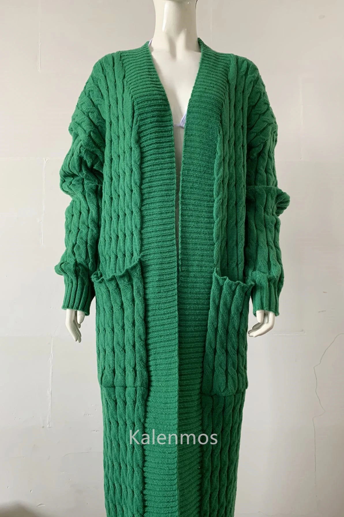 Women's Long Knit Cardigan - Green Crochet Sweater